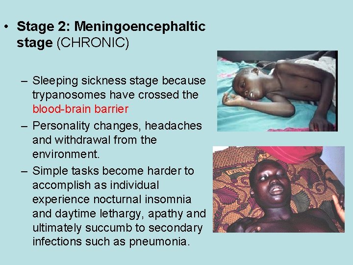• Stage 2: Meningoencephaltic stage (CHRONIC) – Sleeping sickness stage because trypanosomes have • Stage 2: Meningoencephaltic stage (CHRONIC) – Sleeping sickness stage because trypanosomes have