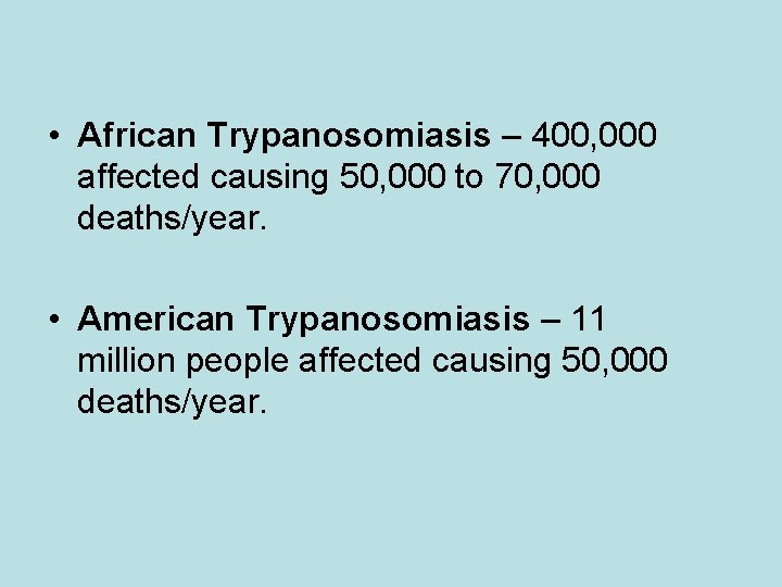 • African Trypanosomiasis – 400, 000 affected causing 50, 000 to 70, 000 • African Trypanosomiasis – 400, 000 affected causing 50, 000 to 70, 000