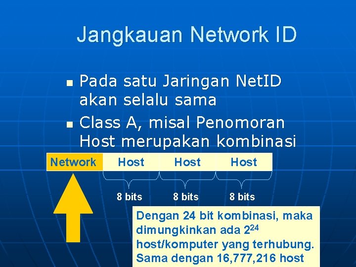 Jangkauan Network ID Pada satu Jaringan Net. ID akan selalu sama n Class A,