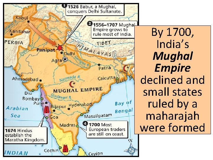 By 1700, India’s Mughal Empire declined and small states ruled by a maharajah were