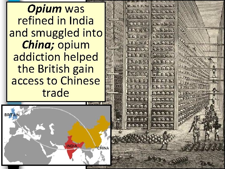 Opium was refined in India and smuggled into China; opium addiction helped the British