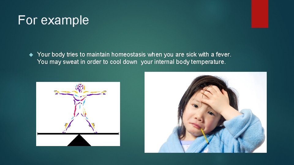 For example Your body tries to maintain homeostasis when you are sick with a