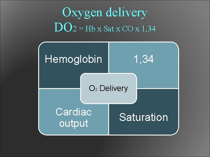 Oxygen delivery DO 2 = Hb x Sat x CO x 1, 34 Hemoglobin