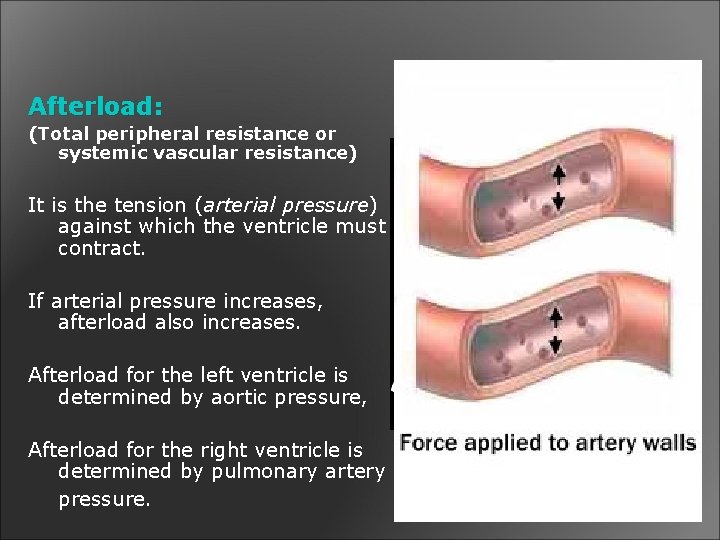 Afterload: (Total peripheral resistance or systemic vascular resistance) It is the tension (arterial pressure)