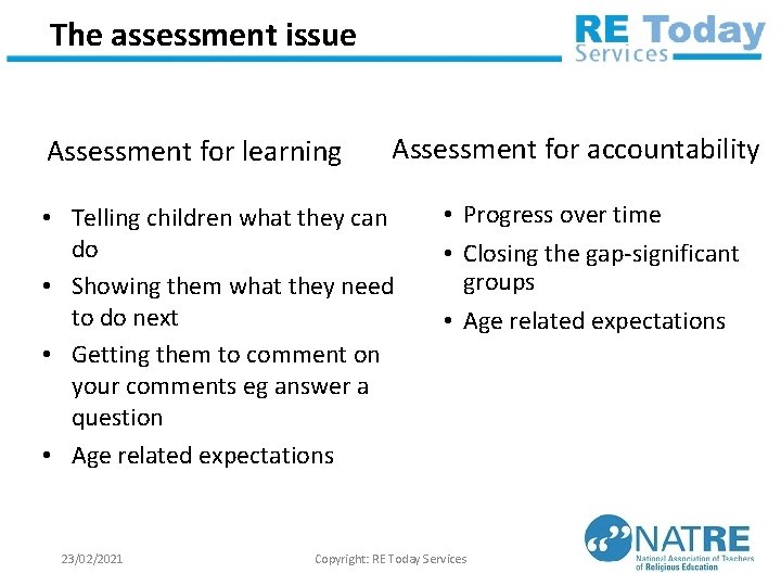 The assessment issue Assessment for learning Assessment for accountability • Telling children what they