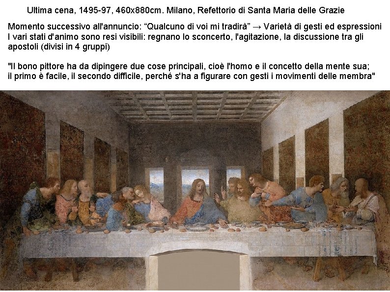 Ultima cena, 1495 -97, 460 x 880 cm. Milano, Refettorio di Santa Maria delle Ultima cena, 1495 -97, 460 x 880 cm. Milano, Refettorio di Santa Maria delle