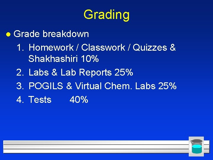 Grading l Grade breakdown 1. Homework / Classwork / Quizzes & Shakhashiri 10% 2.