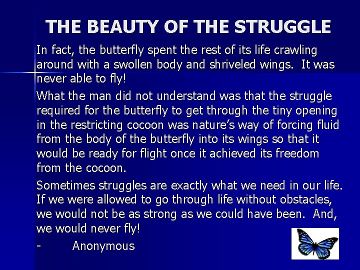 THE BEAUTY OF THE STRUGGLE In fact, the butterfly spent the rest of its