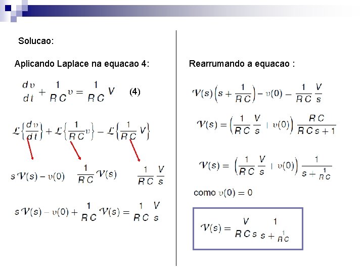 Solucao: Aplicando Laplace na equacao 4: (4) Rearrumando a equacao : 