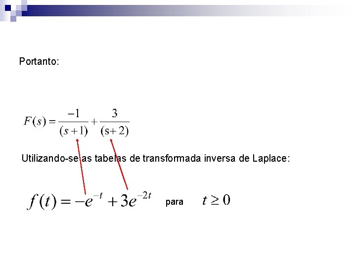 Portanto: Utilizando-se as tabelas de transformada inversa de Laplace: para 