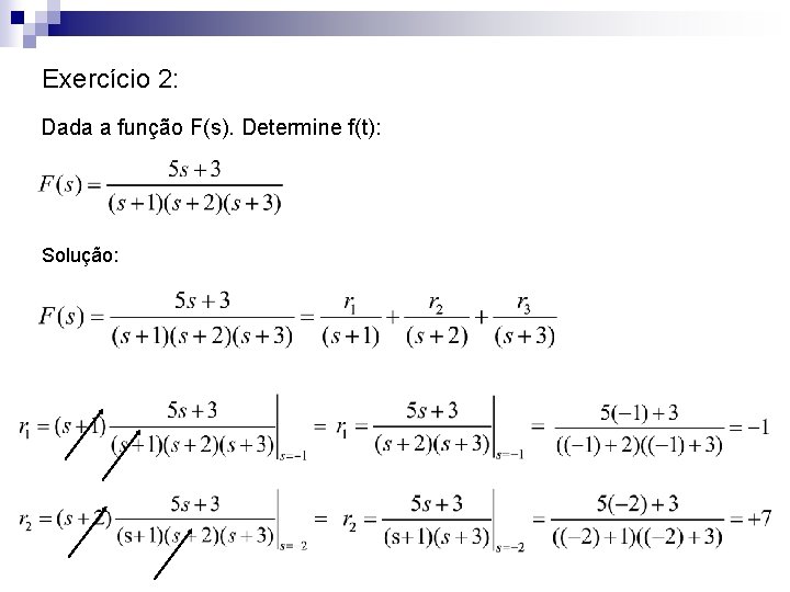 Exercício 2: Dada a função F(s). Determine f(t): Solução: 