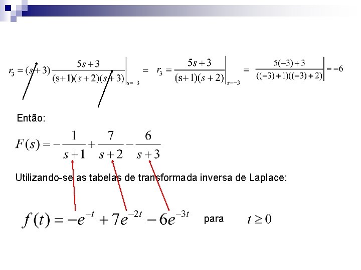 Então: Utilizando-se as tabelas de transformada inversa de Laplace: para 