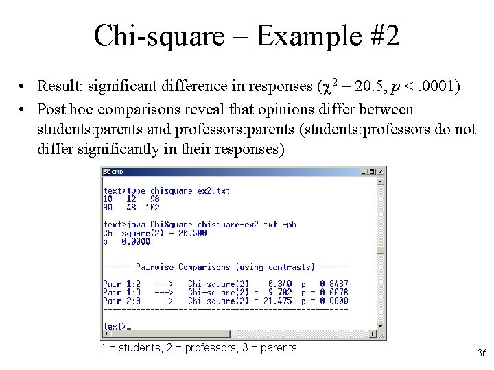 Chi-square – Example #2 • Result: significant difference in responses ( 2 = 20.