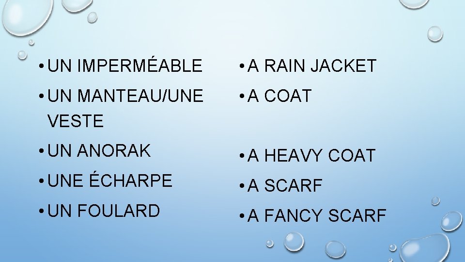  • UN IMPERMÉABLE • A RAIN JACKET • UN MANTEAU/UNE VESTE • A