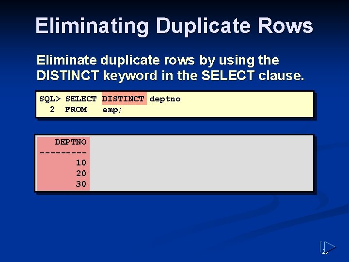 Eliminating Duplicate Rows Eliminate duplicate rows by using the DISTINCT keyword in the SELECT Eliminating Duplicate Rows Eliminate duplicate rows by using the DISTINCT keyword in the SELECT