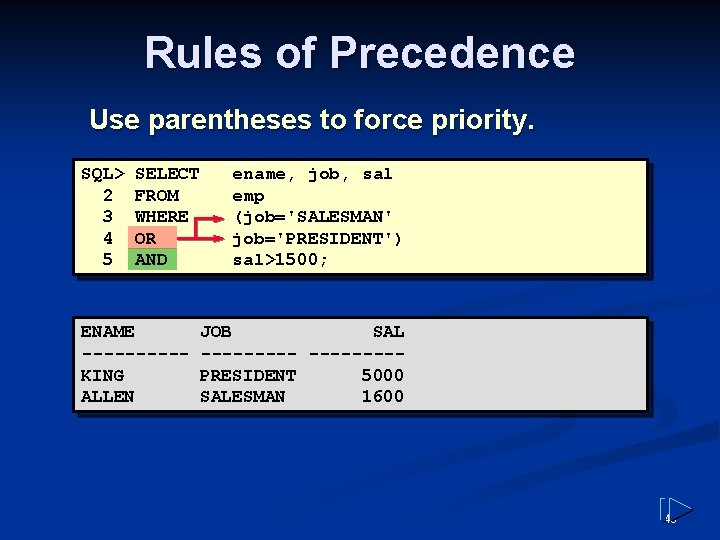 Rules of Precedence Use parentheses to force priority. SQL> 2 3 4 5 SELECT Rules of Precedence Use parentheses to force priority. SQL> 2 3 4 5 SELECT