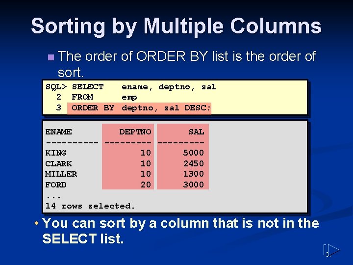 Sorting by Multiple Columns n The order of ORDER BY list is the order Sorting by Multiple Columns n The order of ORDER BY list is the order