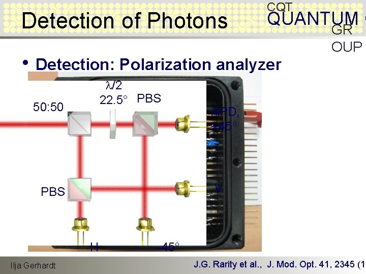 Detection of Photons CQT QUANTUM O • Detection: Polarization analyzer l/2 22. 5° PBS