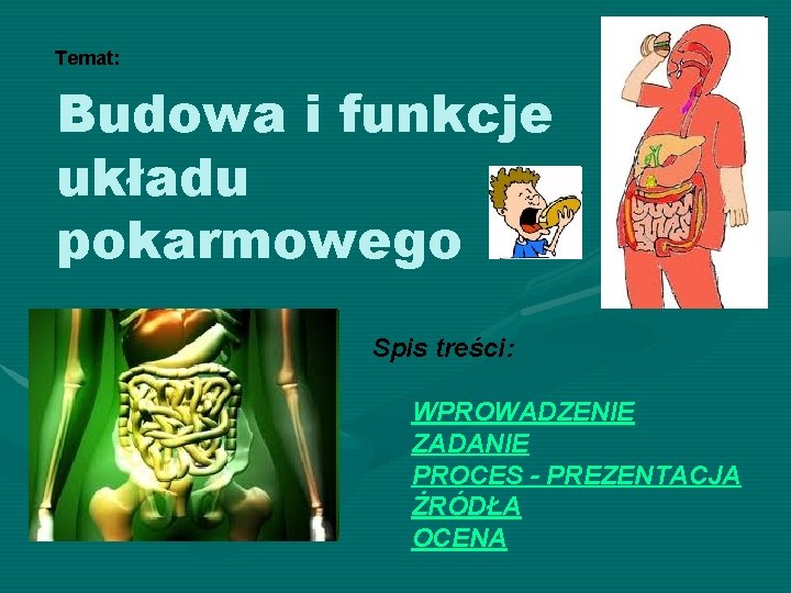 Temat: Budowa i funkcje układu pokarmowego Spis treści: WPROWADZENIE ZADANIE PROCES - PREZENTACJA ŻRÓDŁA