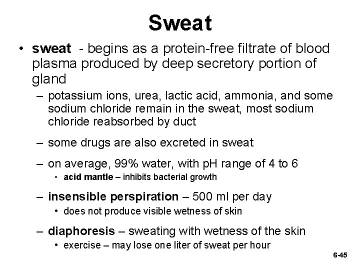 Sweat • sweat - begins as a protein-free filtrate of blood plasma produced by