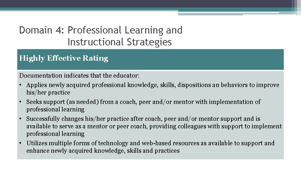 Domain 4: Professional Learning and Instructional Strategies Highly Effective Rating Documentation indicates that the