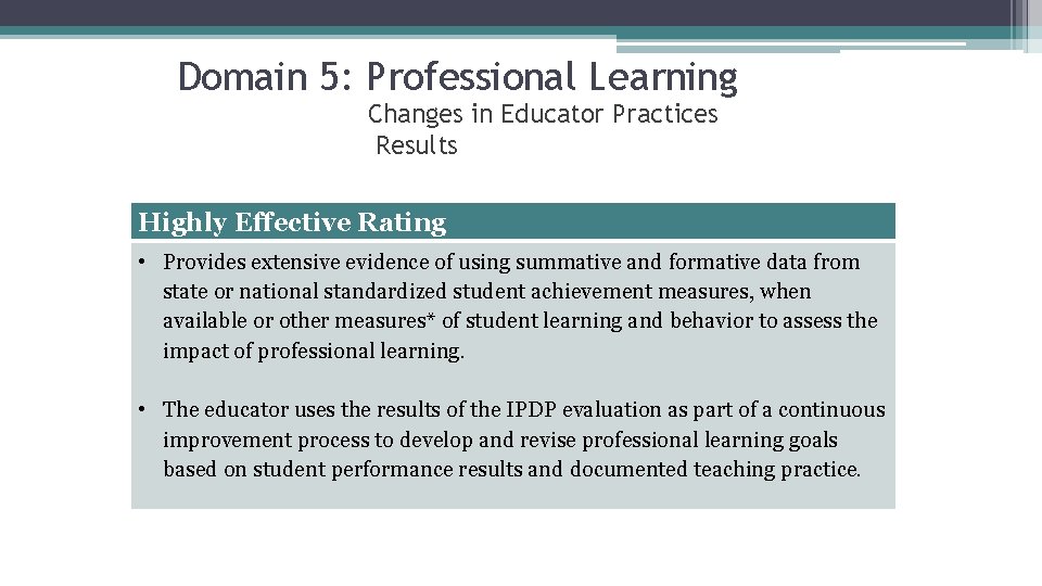 Domain 5: Professional Learning Changes in Educator Practices Results Highly Effective Rating • Provides