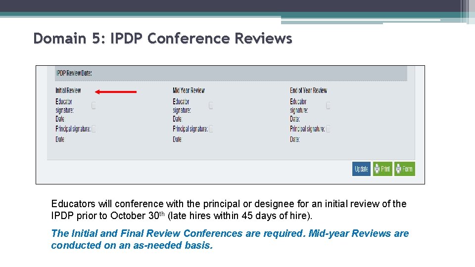 Domain 5: IPDP Conference Reviews Educators will conference with the principal or designee for