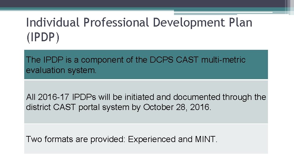Individual Professional Development Plan (IPDP) The IPDP is a component of the DCPS CAST