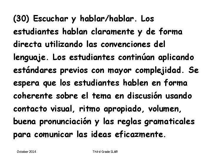 (30) Escuchar y hablar/hablar. Los estudiantes hablan claramente y de forma directa utilizando las