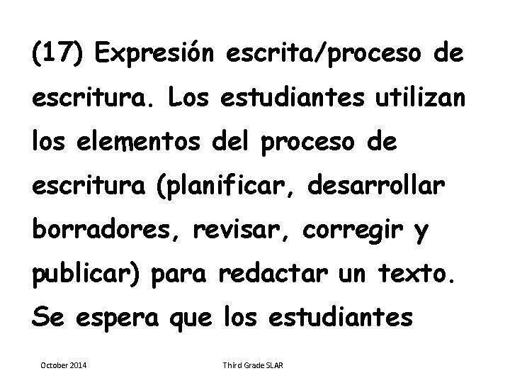 (17) Expresión escrita/proceso de escritura. Los estudiantes utilizan los elementos del proceso de escritura