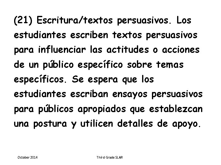 (21) Escritura/textos persuasivos. Los estudiantes escriben textos persuasivos para influenciar las actitudes o acciones