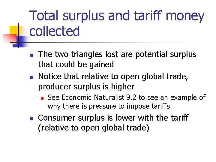 Total surplus and tariff money collected n n The two triangles lost are potential