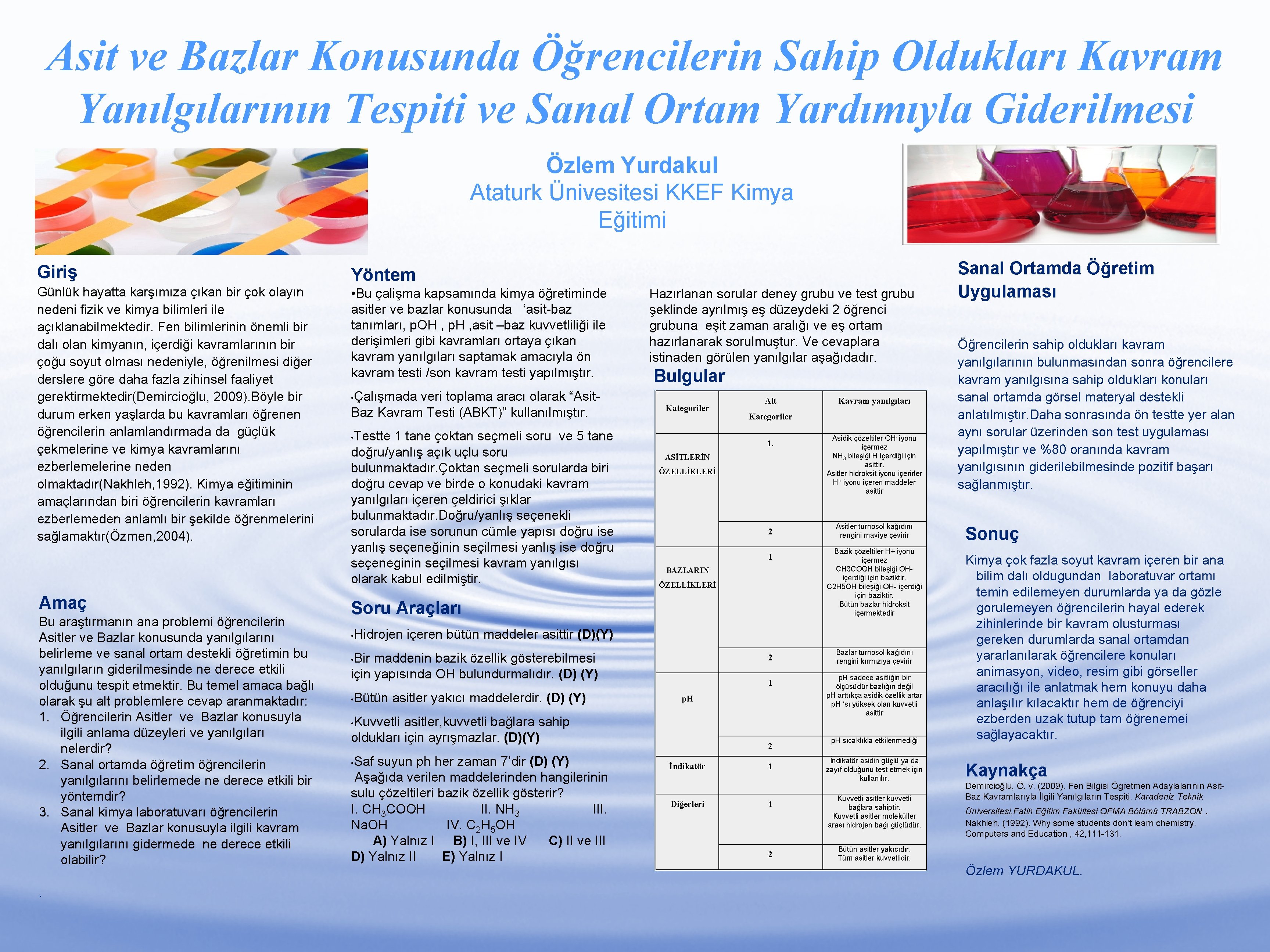 Asit ve Bazlar Konusunda Öğrencilerin Sahip Oldukları Kavram Yanılgılarının Tespiti ve Sanal Ortam Yardımıyla