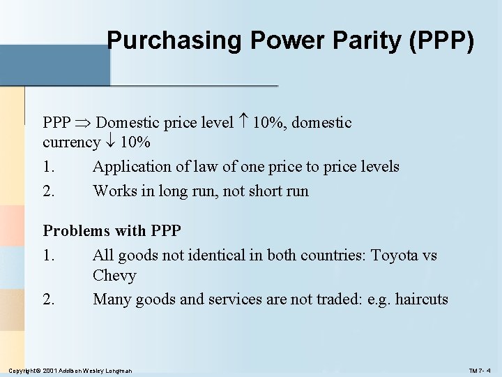 Purchasing Power Parity (PPP) PPP Domestic price level 10%, domestic currency 10% 1. Application