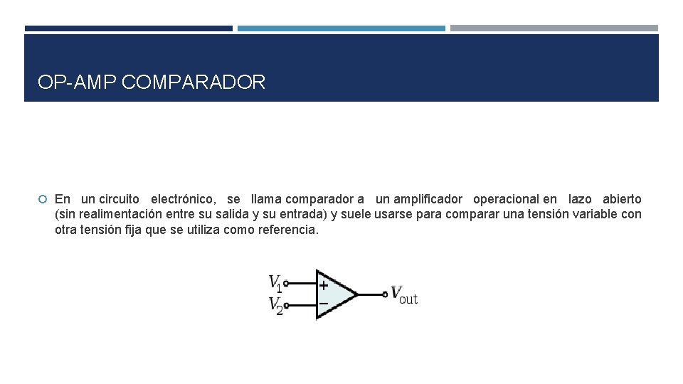 OP-AMP COMPARADOR En un circuito electrónico, se llama comparador a un amplificador operacional en OP-AMP COMPARADOR En un circuito electrónico, se llama comparador a un amplificador operacional en