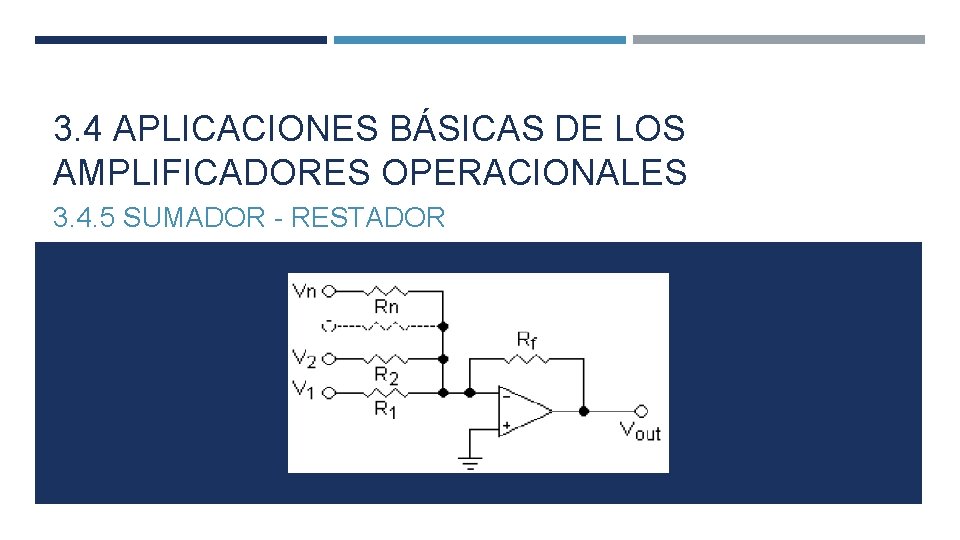 3. 4 APLICACIONES BÁSICAS DE LOS AMPLIFICADORES OPERACIONALES 3. 4. 5 SUMADOR - RESTADOR 3. 4 APLICACIONES BÁSICAS DE LOS AMPLIFICADORES OPERACIONALES 3. 4. 5 SUMADOR - RESTADOR
