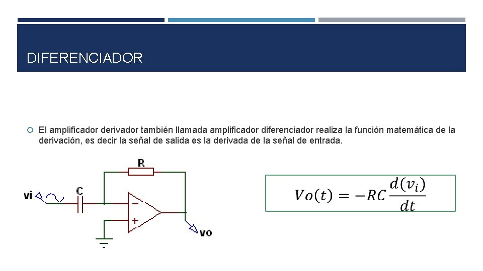 DIFERENCIADOR El amplificador derivador también llamada amplificador diferenciador realiza la función matemática de la DIFERENCIADOR El amplificador derivador también llamada amplificador diferenciador realiza la función matemática de la