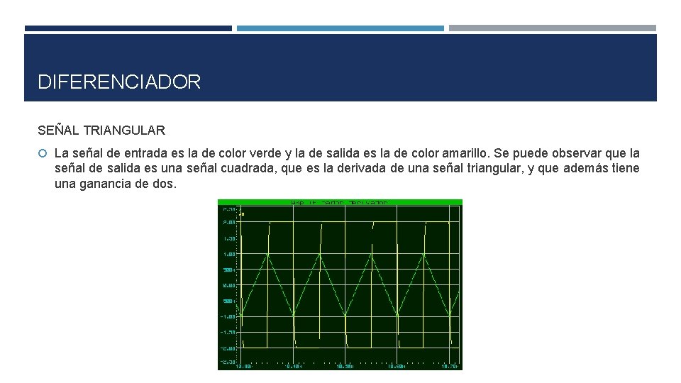 DIFERENCIADOR SEÑAL TRIANGULAR La señal de entrada es la de color verde y la DIFERENCIADOR SEÑAL TRIANGULAR La señal de entrada es la de color verde y la