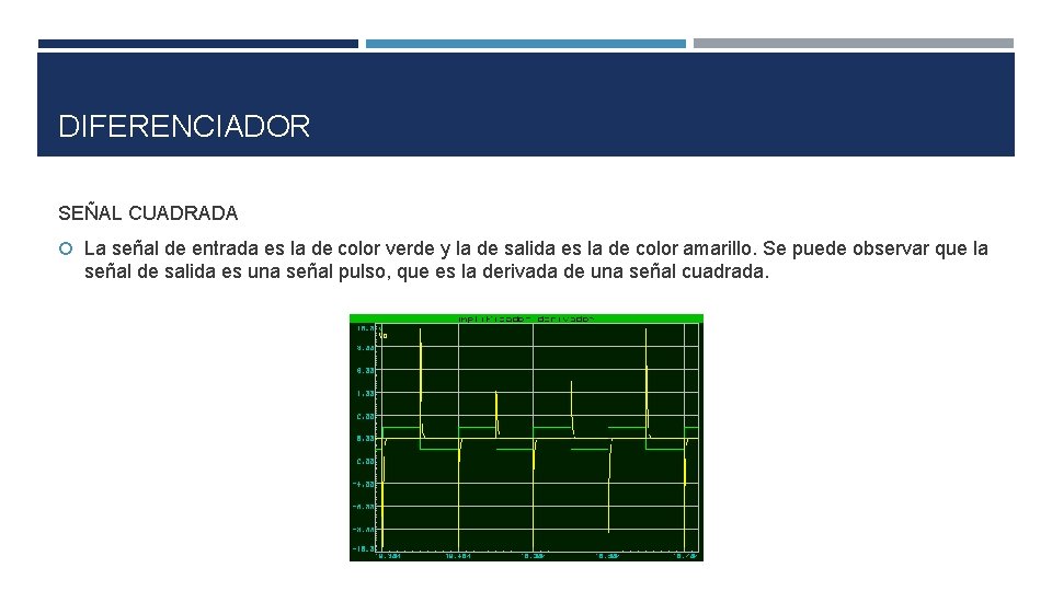 DIFERENCIADOR SEÑAL CUADRADA La señal de entrada es la de color verde y la DIFERENCIADOR SEÑAL CUADRADA La señal de entrada es la de color verde y la