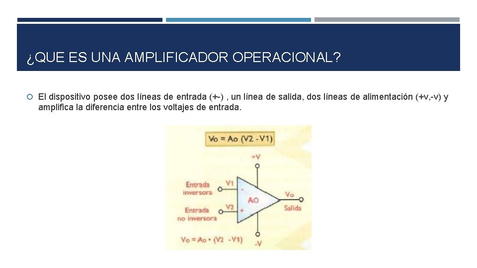 ¿QUE ES UNA AMPLIFICADOR OPERACIONAL? El dispositivo posee dos líneas de entrada (+-) , ¿QUE ES UNA AMPLIFICADOR OPERACIONAL? El dispositivo posee dos líneas de entrada (+-) ,