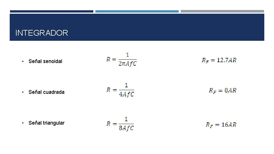 INTEGRADOR • Señal senoidal • Señal cuadrada • Señal triangular INTEGRADOR • Señal senoidal • Señal cuadrada • Señal triangular