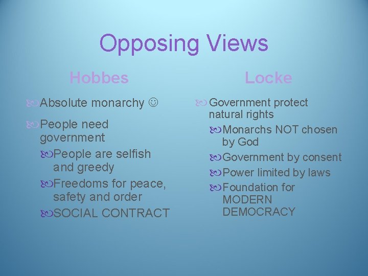 Opposing Views Hobbes Absolute monarchy People need government People are selfish and greedy Freedoms