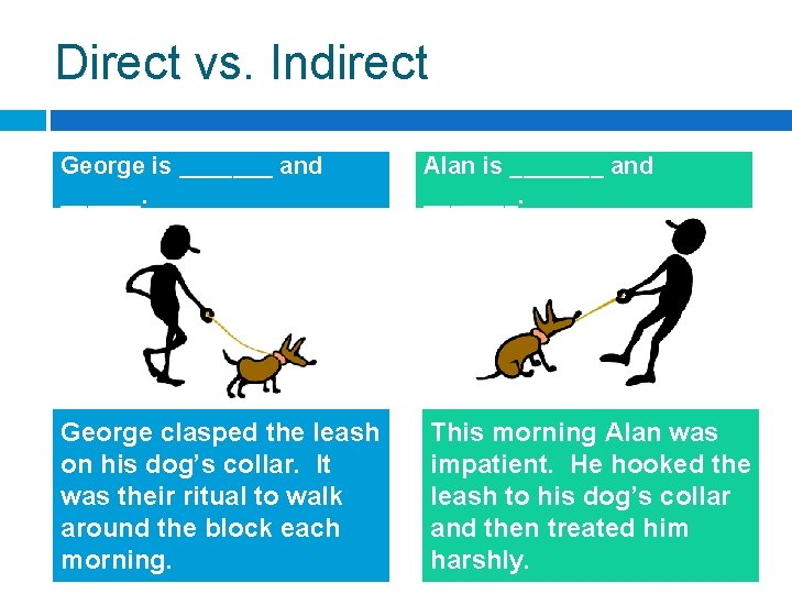Direct vs. Indirect George is _______ and ______. Alan is _______ and _______. George Direct vs. Indirect George is _______ and ______. Alan is _______ and _______. George
