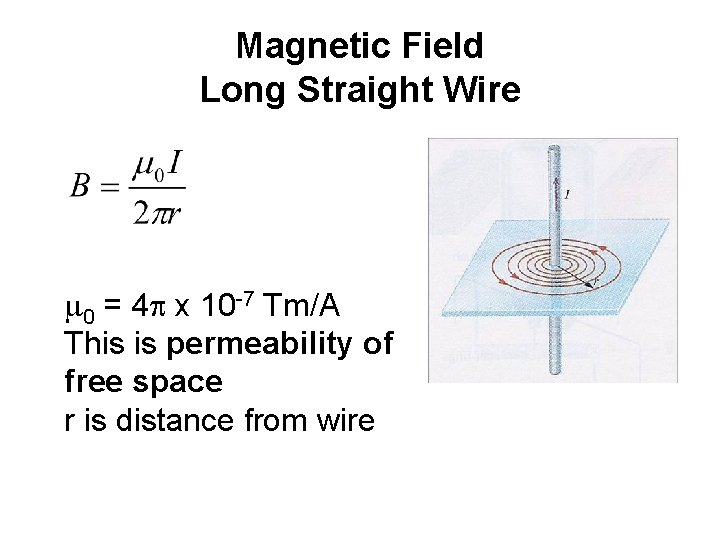 Magnetic Field Long Straight Wire 0 = 4 x 10 -7 Tm/A This is