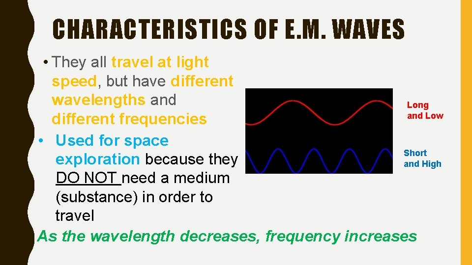 CHARACTERISTICS OF E. M. WAVES • They all travel at light speed, but have
