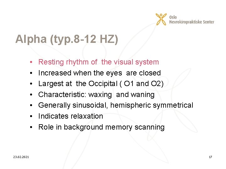 Alpha (typ. 8 -12 HZ) • • 23. 02. 2021 Resting rhythm of the
