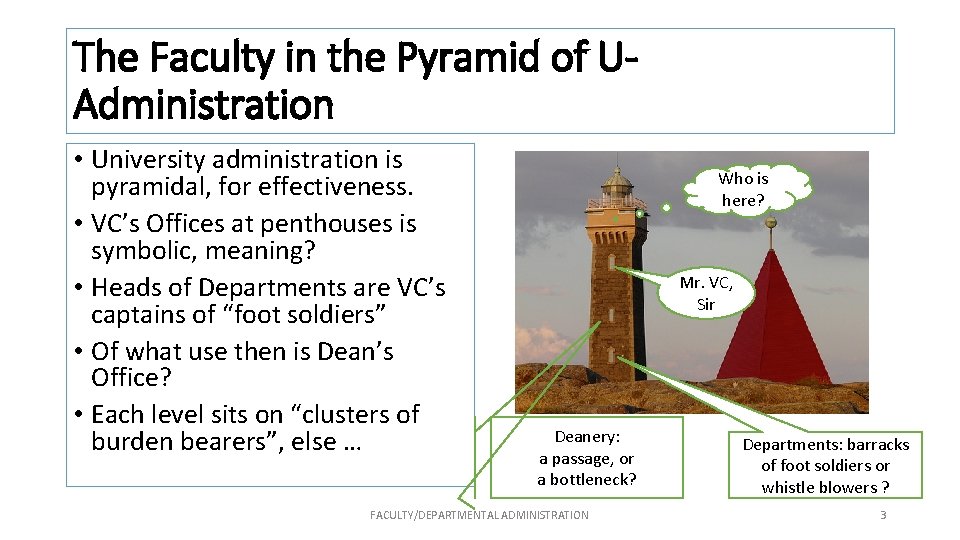 The Faculty in the Pyramid of UAdministration • University administration is pyramidal, for effectiveness.