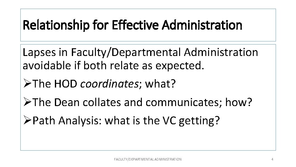 Relationship for Effective Administration Lapses in Faculty/Departmental Administration avoidable if both relate as expected.