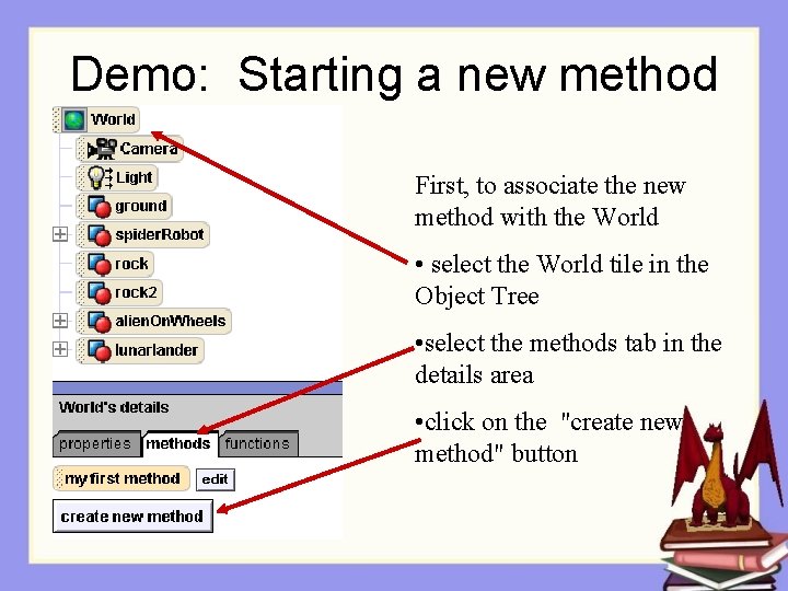 Demo: Starting a new method First, to associate the new method with the World