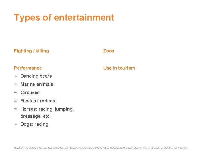 Types of entertainment Fighting / killing Zoos Performance Use in tourism Dancing bears Marine
